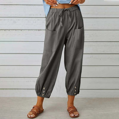 Women's Capri Pants High Waist Drawstring Cinch Bottom with Button Cotton Loose Casual Trouser with Pockets - Seldom Seen Styles