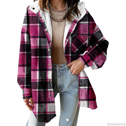 Women's Flannel Hooded Plaid 2025 Shacket Thick Coat Winter Coat for Warmth Button down Warm and Fuzzy Fleece Jacket - Seldom Seen Styles