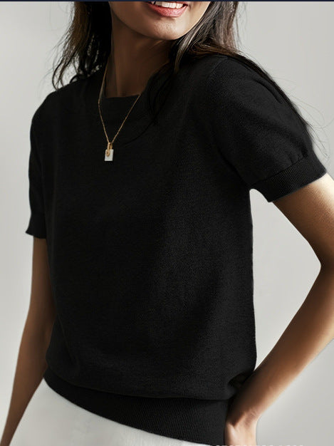 Women's Solid Color Crew Neck Short Sleeve Sweater, Chic Casual Basic Knit Pullover for Spring & Fall, Fashion Women's Knitwear for Daily Wear, Womenswear - Seldom Seen Styles