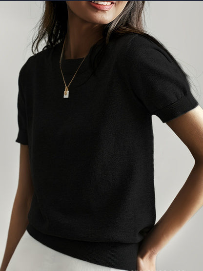 Women's Solid Color Crew Neck Short Sleeve Sweater, Chic Casual Basic Knit Pullover for Spring & Fall, Fashion Women's Knitwear for Daily Wear, Womenswear - Seldom Seen Styles