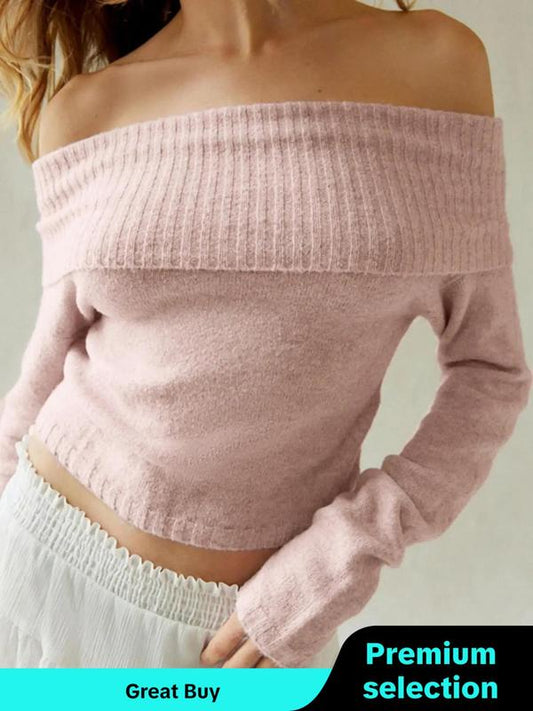 Women's Solid Color Off Shoulder Minimalist Sweater for Spring & Fall, Mean Girls Casual Chic Flattering Fit Long Sleeve Jumper, Women's Tops, Women's Sweaters Knitwear for Autumn Daily Wear, Women's Fall Clothing, Going Out Tops - Seldom Seen Styles
