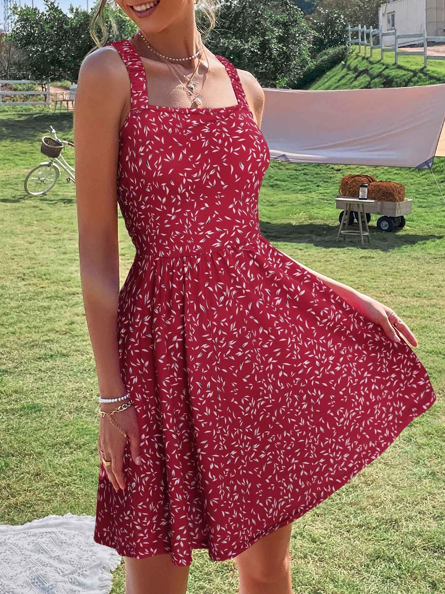 Women's Summer Casual Square Neck Dress with Pocket Cute Sleeveless High Waist A-line Sundress Midi Dresses