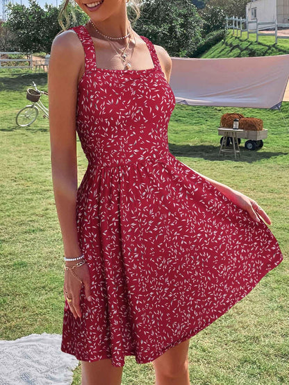 Women's Summer Casual Square Neck Dress with Pocket Cute Sleeveless High Waist A-line Sundress Midi Dresses