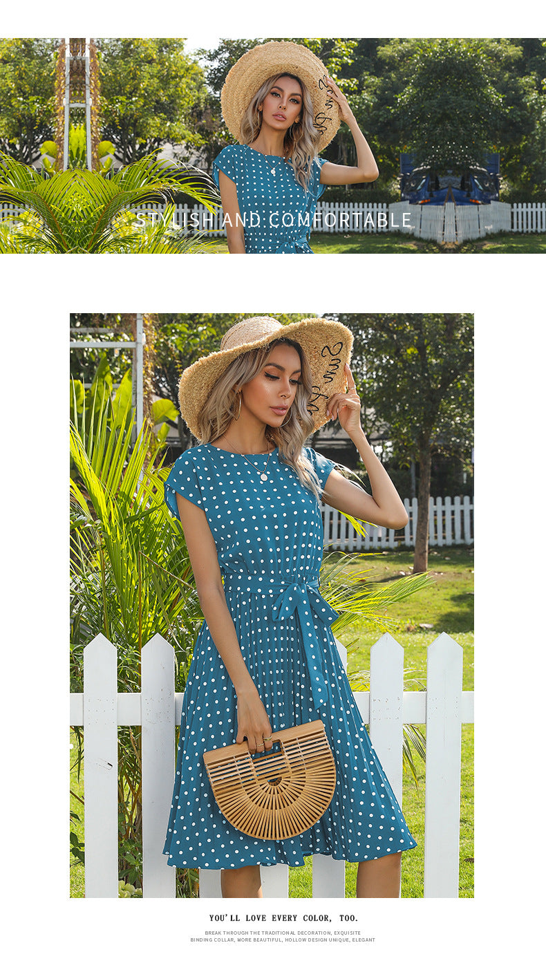 Polka Dot Dress for Women Casual Summer Midi Dress Crew Neck Short Sleeve