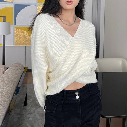 Women's Solid Color V Neck Long Sleeve Sweater with Cross Wrap Front and Asymmetric Hem - Comfort, Fashion - Seldom Seen Styles