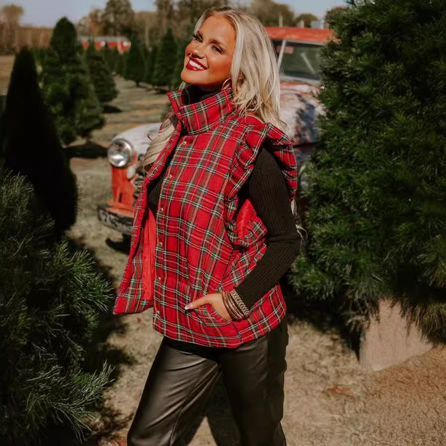 Womens Plaid Puffer Vests Ruffle Sleeveless Lightweight Quilted Vest Fall Winter Padded Gilets Coats - Seldom Seen Styles