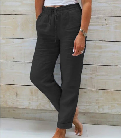 Womens Tapered Pants Cotton Linen Drawstring Back Elastic Waist Pants Casual Trousers with Pockets - Seldom Seen Styles