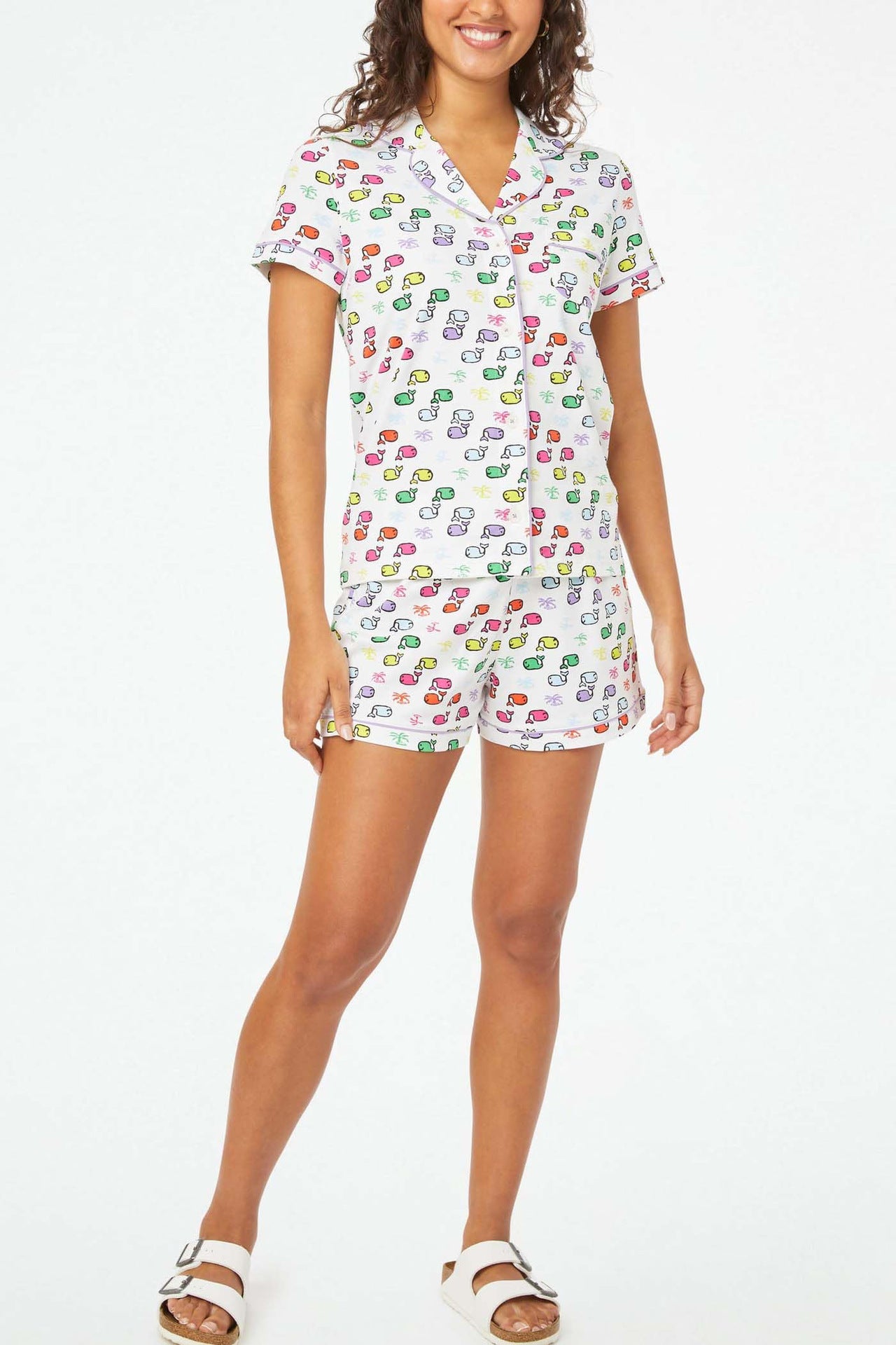 Womens Pajamas Set, 2PCS Button Down Vacation Monkey Beach Shorts Set Y2k Loungewear Pjs for Birthday Valentines Gift