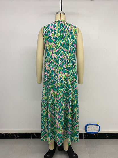 New Style Summer  Vacation Sleeveless v Abstract Print Dress with Tassel Detail