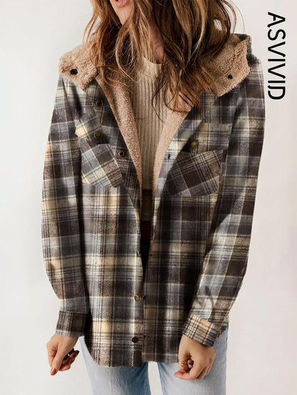 Women's Plaid / Houndstooth Print Button Front Hooded Coat, Casual Long Sleeve Pocket Coat for Fall & Winter, Ladies Outerwear for Daily Wear - Seldom Seen Styles