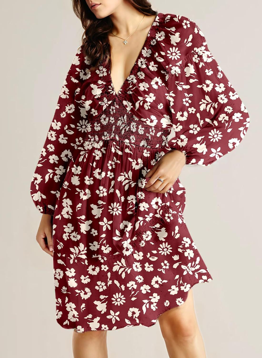 Womens Dresses 2025 Boho Floral V Neck Long Sleeve Smocked Elastic Waist Casual A-Line Swing Mini Dress Sundress