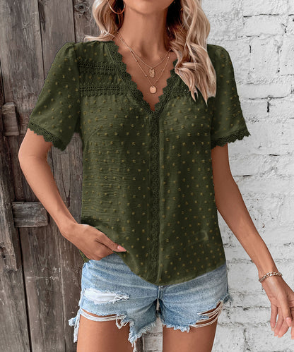 Women's 2025 Summer V Neck Lace Crochet Blouse Swiss Dot Business Casual Cute Shirts Tops