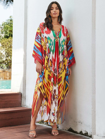 [Plus Size] Butterfly/feather Print Ruched Split Hem Tunic Dress, Valentine's Day Elegant Batwing Sleeve V Neck Long Dress for Summer, Casual Womenswear, Gift, Homecoming Dresses, Women's Clothes for Beach Holiday Vacation, Moo Moo Dresses