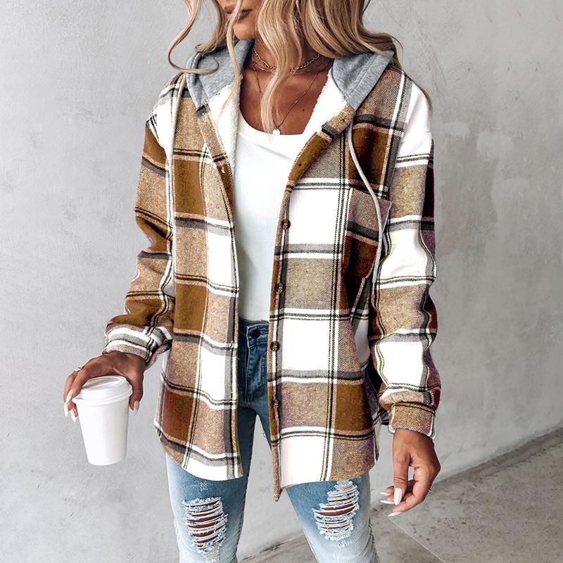 Women's Plaid / Houndstooth Print Button Front Hooded Coat, Casual Longsleeves Pocket Coat for Fall & Winter, Ladies Outerwear for Daily Wear, Womenswear - Seldom Seen Styles