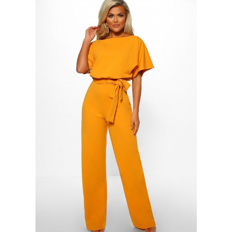 Womens Loose Short Sleeve Belted Wide Leg Pant Romper Jumpsuit Business Casual One Piece Outfits - Seldom Seen Styles