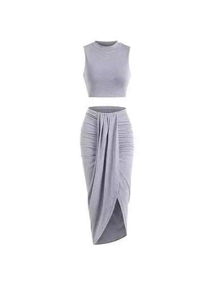 Women's Solid Crop Tank Top & Ruched Asymmetrical Hem Split Skirt Set, Chic Casual Mock Neck Sleeveless Top & High Waist Wrap Skirt, Womenswear Outfit - Seldom Seen Styles
