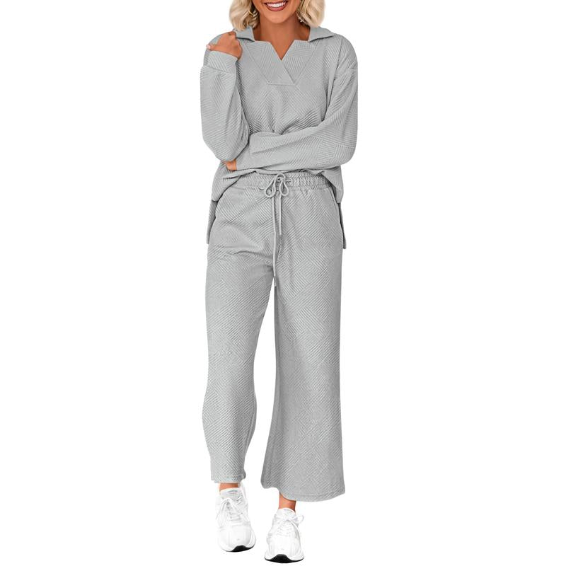 Women 2-Piece Outfit 2025 Fall Winter Lapel V Neck Long Sleeve Pullover and Wide Leg Pants Lounge Sets Pockets #Outdoorfun - Seldom Seen Styles
