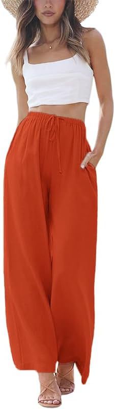 Women's Linen Summer Palazzo Pants Flowy Wide Leg Beach Pants with Pockets - Seldom Seen Styles