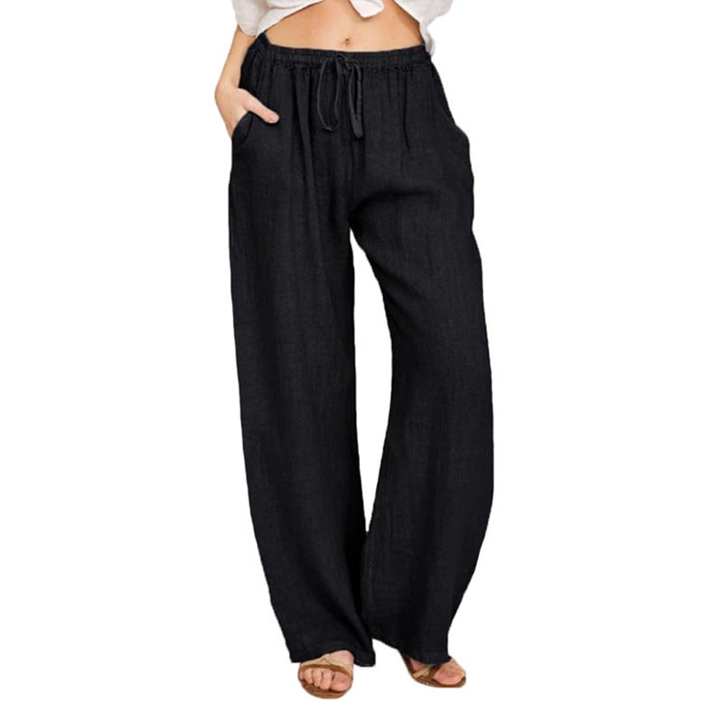 Women's Casual Wide Leg Elastic Waist Loose Lightweight Summer Linen Beach Pants Drawstring - Seldom Seen Styles