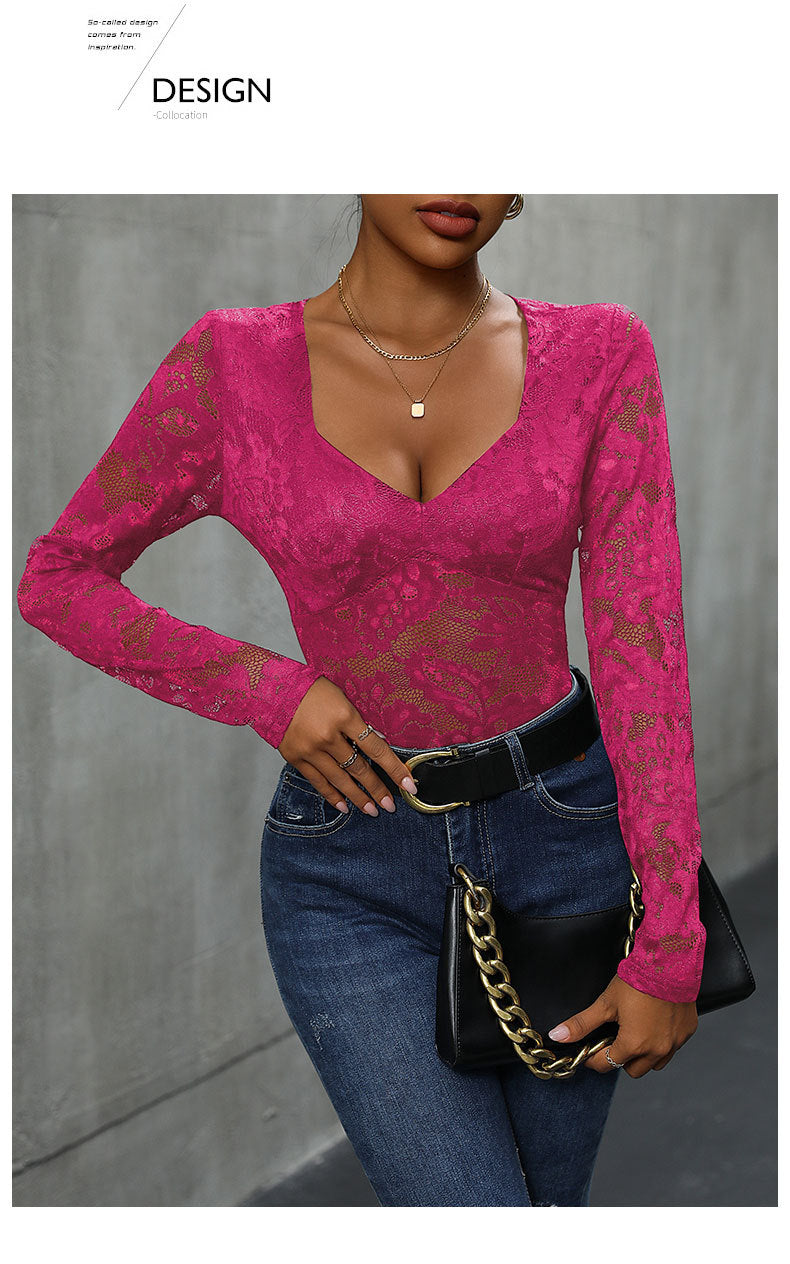 Women's Sheer Floral Lace V Neck Bodysuit Long Sleeve Slim Fit Jumpsuits