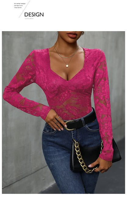 Women's Sheer Floral Lace V Neck Bodysuit Long Sleeve Slim Fit Jumpsuits
