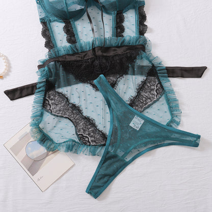 Sexy Color-Block Mesh See-Through Lingerie Hollow Out Backless No-Remove Temptation Erotic Bodysuit with Underwire