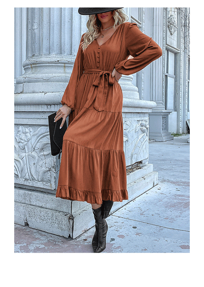Women's Spring Dresses 2025 Long Sleeve V Neck Button Down Belted A-Line Flowy Ruffle Maxi Shirt Dress Pockets