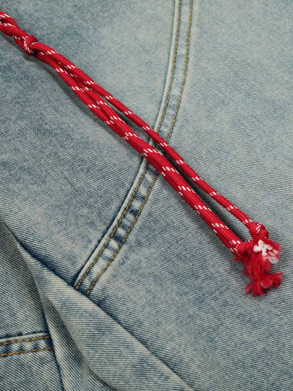 Denim Retro Belt Detail With Patchwork Barrel Jeans - 2490