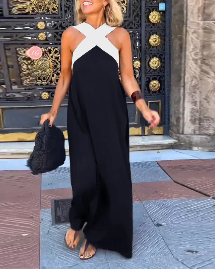 Women's Cross Halter Neck Sleeveless Stitching Dress - Seldom Seen Styles