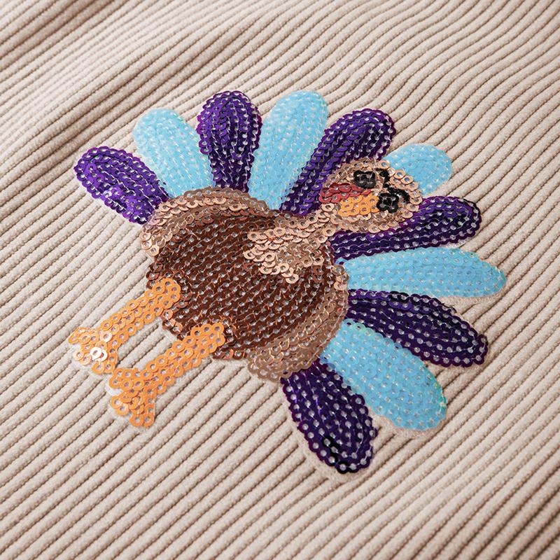 Women's Thanksgiving Sweatshirt with Sequin Turkey Graphic Corded Baggy Long Sleeve Winteroutfit Round Neck Casual Tops for Comfortable Wear - Seldom Seen Styles