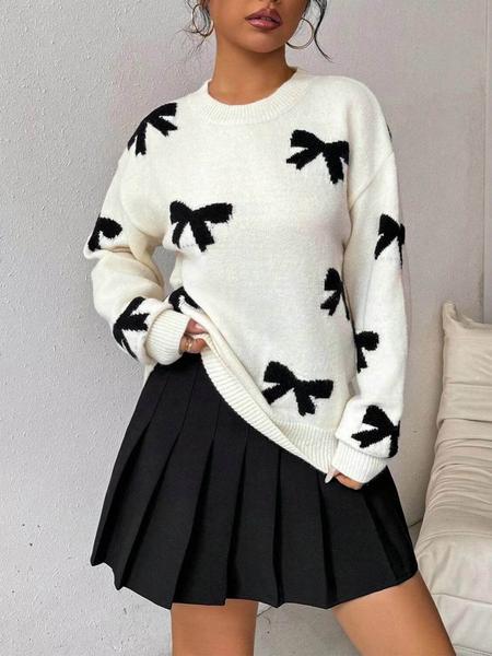 Fashion Bow Print Casual Loose Knitted Sweater Pullover Autumn/Winter Women Pullovers New Full Sleeve Knitwear - Seldom Seen Styles