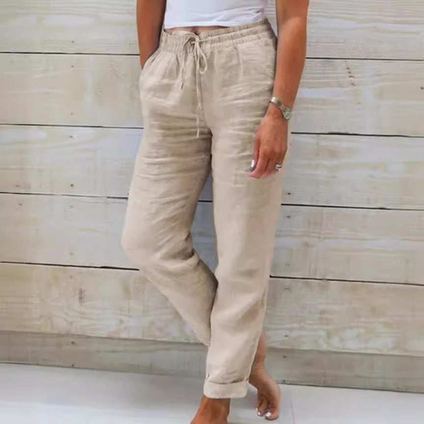 Womens Tapered Pants Cotton Linen Drawstring Back Elastic Waist Pants Casual Trousers with Pockets - Seldom Seen Styles