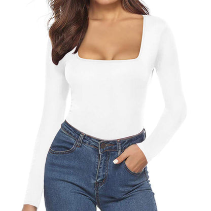 Women's Sexy Square Neck Bodysuit Long Sleeve Double Lined Shirt Tops