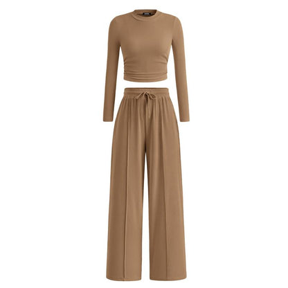 BTFBM 2-Piece Ribbed Knit Long Sleeve Crop Top Wide Leg Pants Matching Lounge Set Loungewear