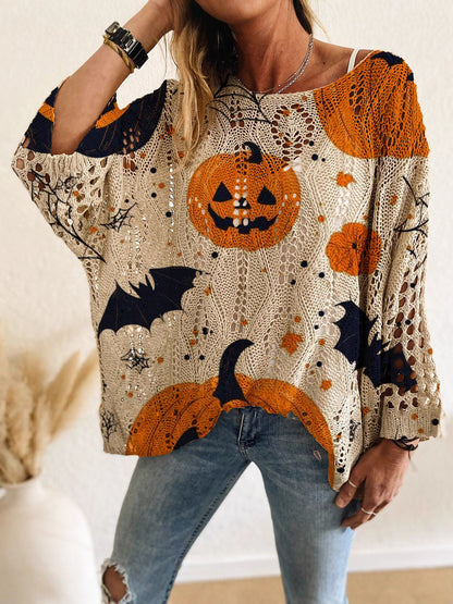 Women's Halloween Pumpkin Print Long Sleeve Knit Top, Casual Elegant Vacation Style, Loose Fit Batwing Shoulder, Spring Summer Fall Wear - Seldom Seen Styles