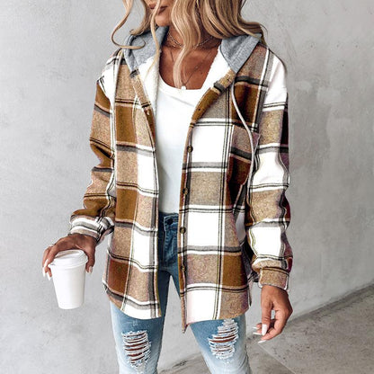 Women's Plaid / Houndstooth Print Button Front Hooded Coat, Casual Longsleeves Pocket Coat for Fall & Winter, Ladies Outerwear for Daily Wear, Womenswear - Seldom Seen Styles