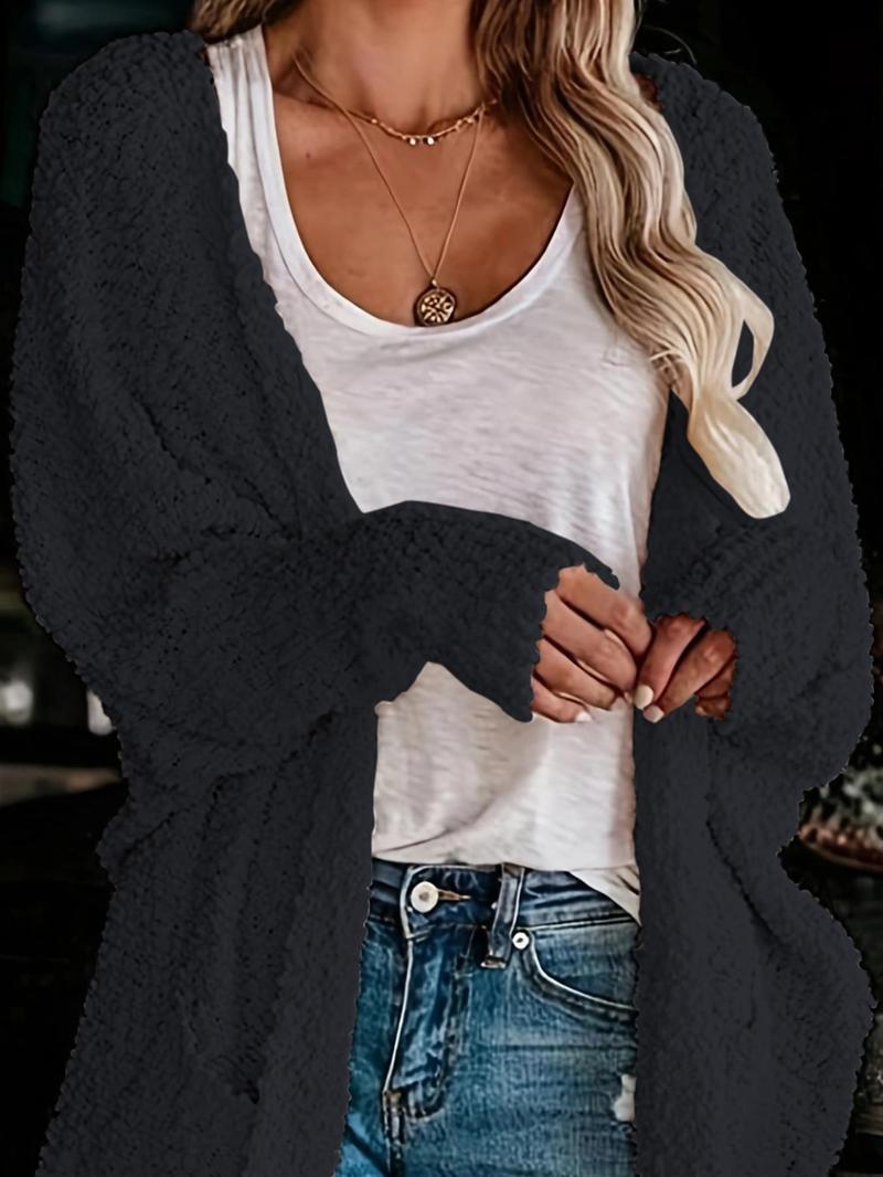 Women's Plain Pocket Batwing Sleeve Cardigan, Casual Long Sleeve Open Front Knitwear for Fall & Winter, Women's Knit Clothing for Daily Wear - Seldom Seen Styles