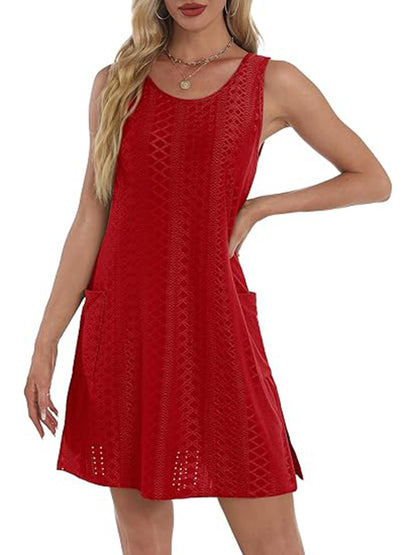 Coverup Summer Dresses for Women 2025 Eyelet Casual Loose Sleeveless Sundresses Tank Dresses with Pockets