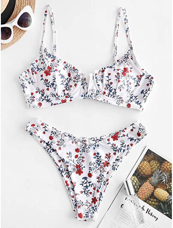Women's Underwire Bikini Floral High Cut Bikini Set V-Wired Two Piece Swimsuit Bathing Suit