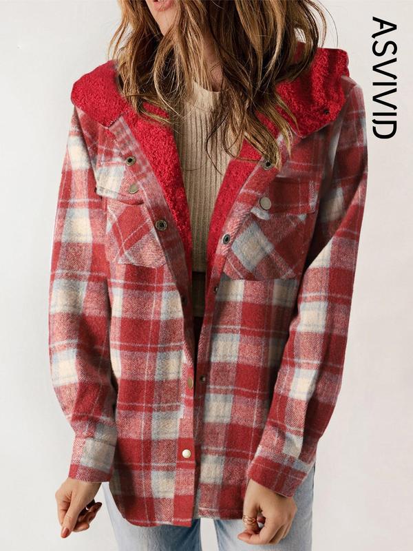 Women's Plaid / Houndstooth Print Button Front Hooded Coat, Casual Long Sleeve Pocket Coat for Fall & Winter, Ladies Outerwear for Daily Wear - Seldom Seen Styles