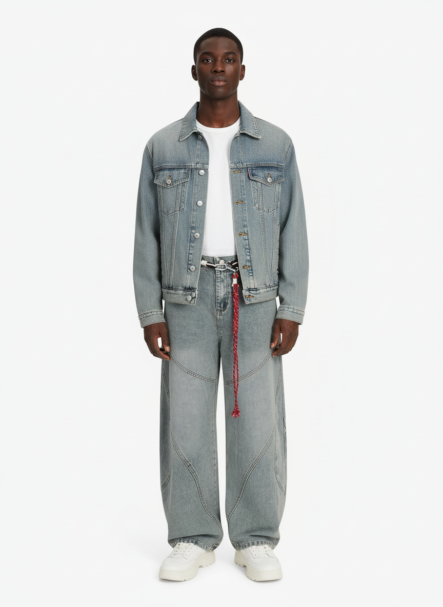 Denim Retro Belt Detail With Patchwork Barrel Jeans - 2490 