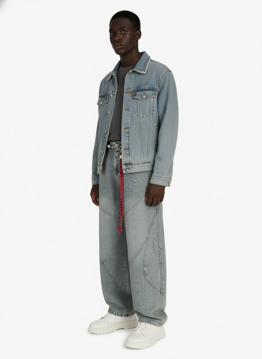 Denim Retro Belt Detail With Patchwork Barrel Jeans - 2490 