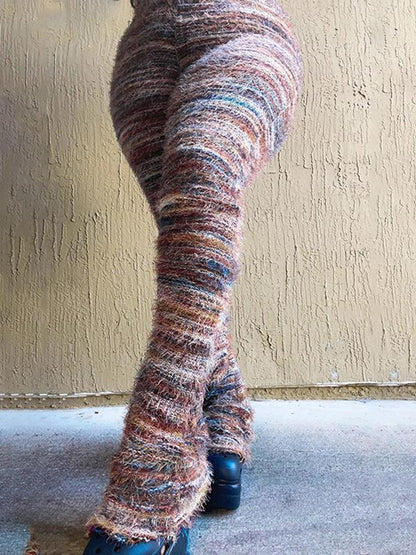 Women's Striped Print Flare Leg Fuzzy Sweater Pants, Casual Street Comfy Knit Bell Bottom Trousers For Fall & Winter, Women's Knitwear For Daily Wear - Seldom Seen Styles