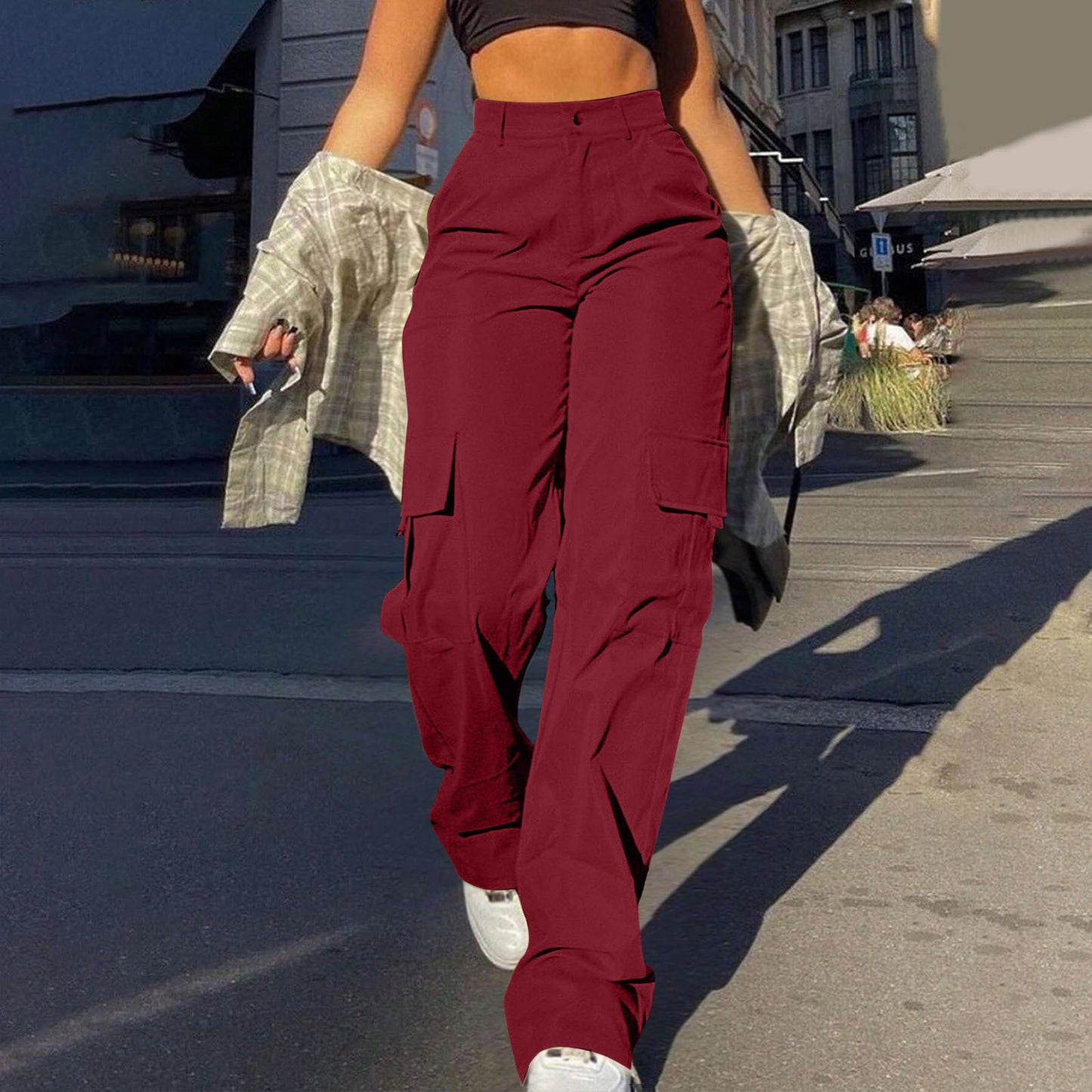 Women's Basic Minimalist Plain Button Front Pocket Cargo Pants, Fashion Y2K Clothes Women, Comfort Casual Street High Waist Wide Leg Trousers For Spring & Fall, Summer Pants, Ladies' Bottoms For Daily Wear, Womenswear, Preppy 80s Clothes - Seldom Seen Styles