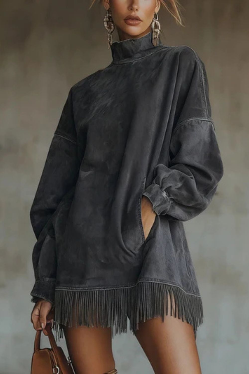 Viretta – Suede fringe detail – Turtleneck mini dress-10426336411991-ZARA MAE LONDON