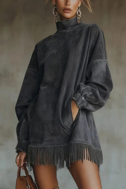 Viretta – Suede fringe detail – Turtleneck mini dress