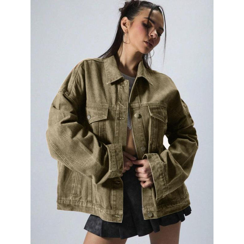 Women's Plain Button Front Drop Shoulder Denim Coat, Casual Long Sleeve Collared Pocket Outerwear for Daily Wear, Ladies Clothes for All Seasons, Clothing for Women - Seldom Seen Styles