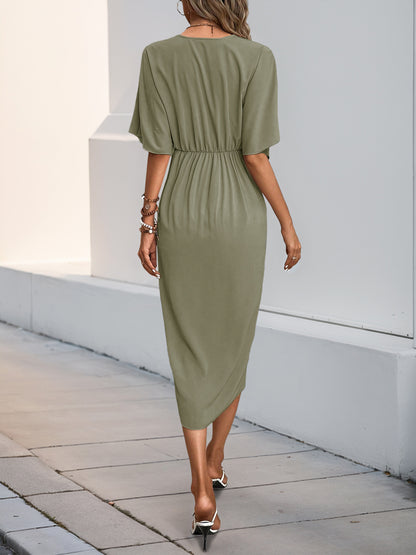 Green Batwing Sleeve Midi Dress Women V-Neck Twist Front A-Line Summer Beach Dress Elegan Wedding Guest Dress