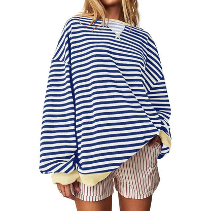 【Up To 3XL】Fisace Christmas Womenswear Striped Oversized Sweatshirt Color Block Crew Neck Long Sleeve Shirt Casual Loose Pullover Top Y2K Clothes back to school - Seldom Seen Styles