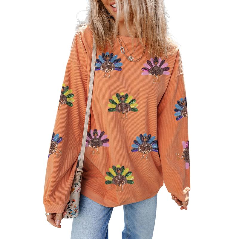 Women's Thanksgiving Sweatshirt with Sequin Turkey Graphic Corded Baggy Long Sleeve Winteroutfit Round Neck Casual Tops for Comfortable Wear - Seldom Seen Styles